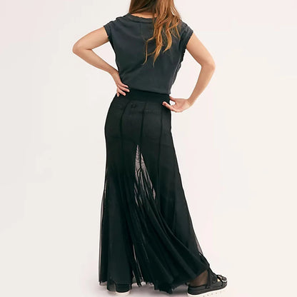Fashion Women’s Mesh Sheer Long Skirts Elastic High Waist Ruffle Hem Flowy Skirts Casual A-line Midi Skirts