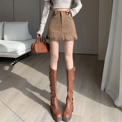 Sweet Fashion Autumn New Deer Skin Velvet Women Solid Tassel Zipper Pockets Patchwork Chic High Waist Slim A-line Hip Wrap Skirt
