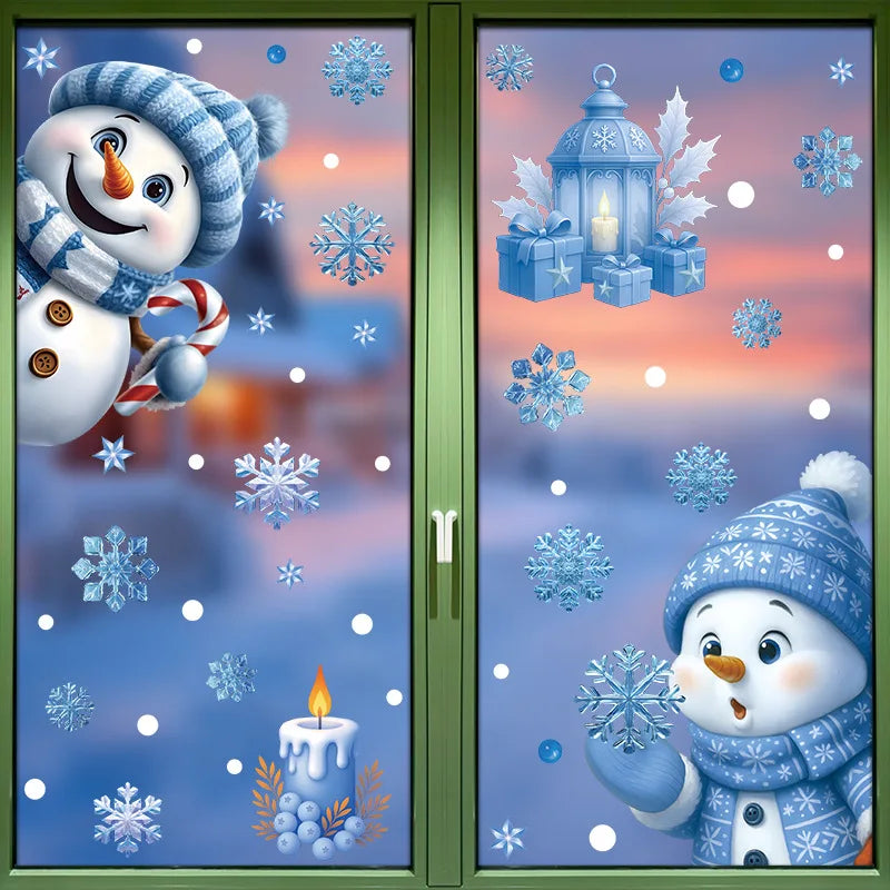 Santa Claus Stickers Blue Snowman Window Decorations Glass Static Stickers Christmas Decorations Snowflake Window Stickers