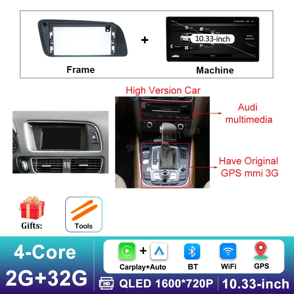 12.3 inch GPS Navigation Wireless Carplay Android 16 for Audi Q5 2009 - 2017 BT Car Multimedia Video Radio Player 4G Auto Tools