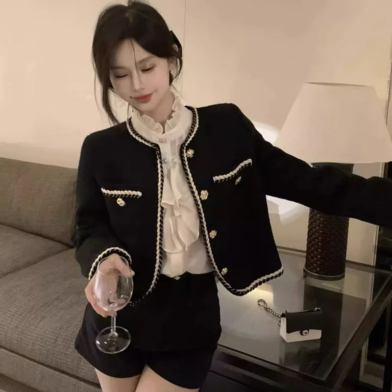 Smvp 2024 Autumn Winter New Elegant Black Coat Women Korean Thicken Warm Single Breasted Blazer Casual Short Outerwear Tops Lady
