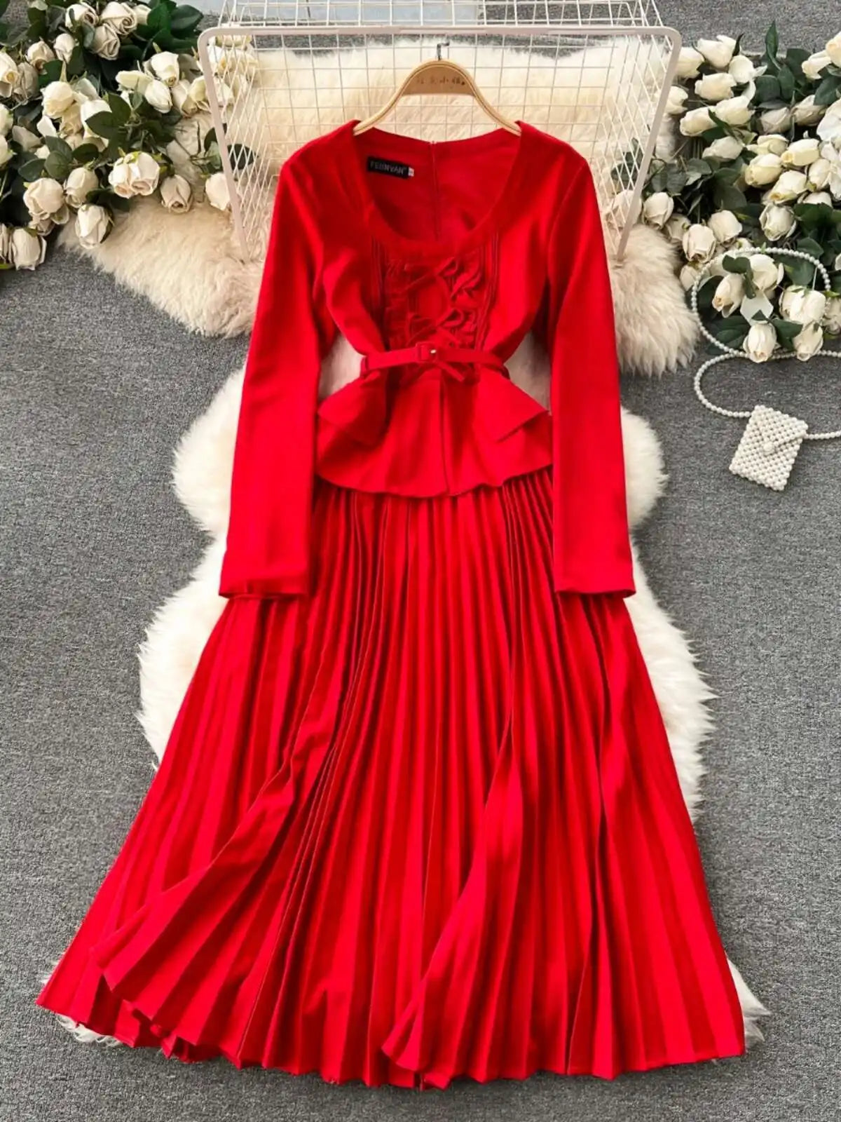 Autumn Winter Bow Dress Women Ruffles Long Sleeve Midi Vestidos Office Lady