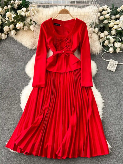 Autumn Winter Bow Dress Women Ruffles Long Sleeve Midi Vestidos Office Lady