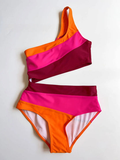 Cikini One-Piece Swimsuit With Colorblock Hollow-Out One Shoulder Neckline Summer Beach Swimwear Bathing Suit For Women