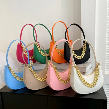 Fashion Women Felt Handbags Imitation Metal Chain Underarm Bag Retro Ladies Solid Color Shoulder Bag Trendy Casual Clutch Purse