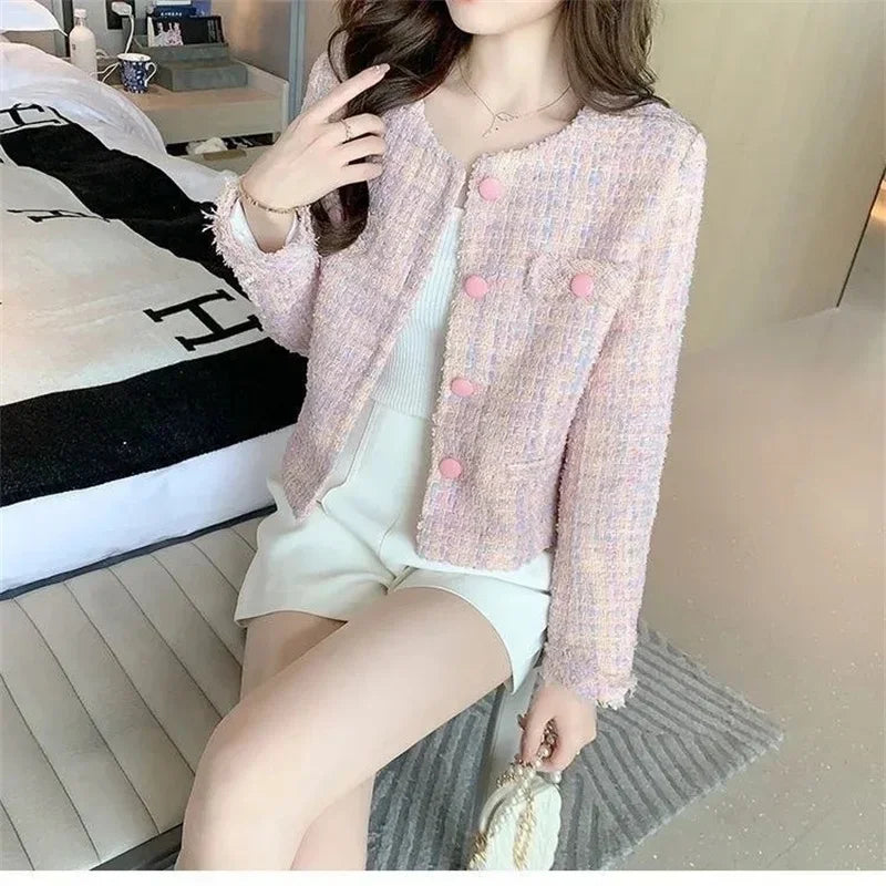 Women's Jacket 2024 Spring Autumn New Pink Tweed Small Fragrance Coat Short Jacket Korean Fashion Elegant Female Outerwear Tops
