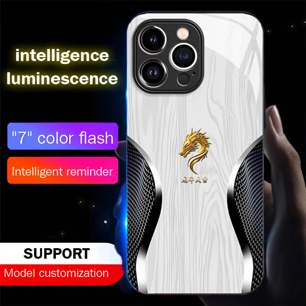 Wood Grain Dragon Emblem Sound Control LED Flash Cases Luminous Glass Cover For XiaoMi 15 14 13 12 11 Pro Ultra