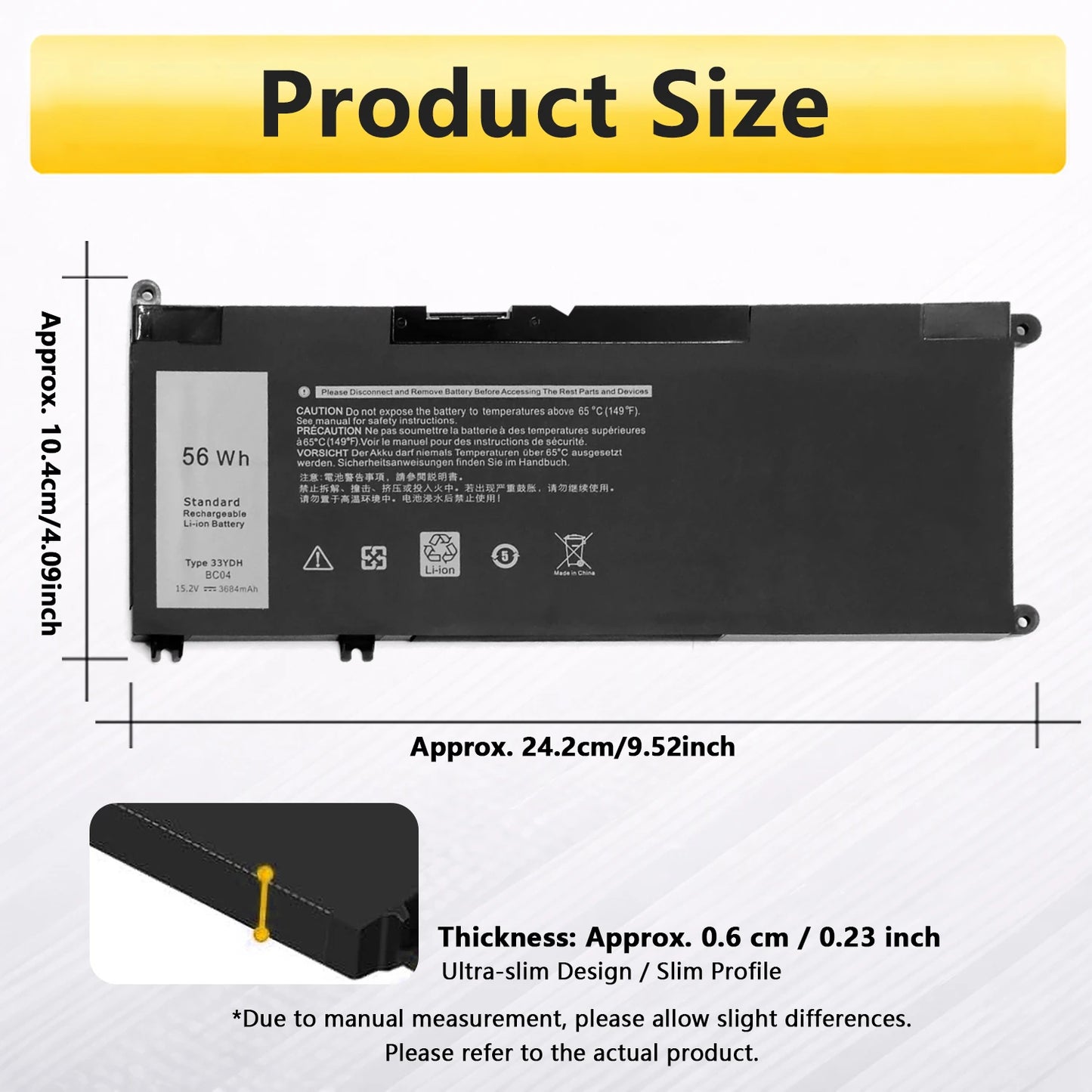 PowerHub 33YDH Battery For Dell Inspiron 15 7577 17 7778 7773 G3 3579 G5 5587 G7 7588 Latitude 3380 3490 3580 3590 15.2V 56Wh
