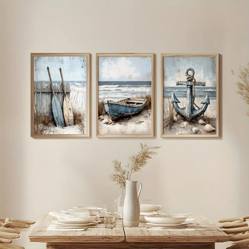 3pcs Set Canvas Wall Art Prints Nautical Beach Decor,Frameless Ocean Themed Paintings for Living Room,Bedroom, Bathroom, Office