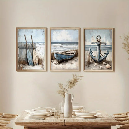 3pcs Set Canvas Wall Art Prints Nautical Beach Decor,Frameless Ocean Themed Paintings for Living Room,Bedroom, Bathroom, Office