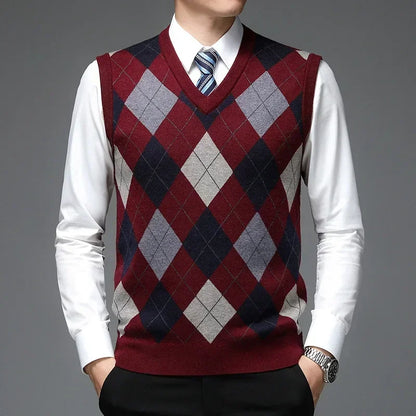 New  Men's Casual Knitted Wool Sweater Vest V-neck Knit Pullover Jacquard Plaid Sleeveless Tops Business Office Men's Vest