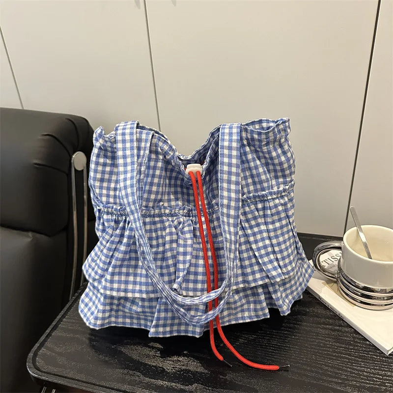Women's Tote Bag Ruffles Plaid Drawstring Handbag Women Fashion Canvas Shoulder Bags	Large Capacity Korean Bags Bolsos De Mujer