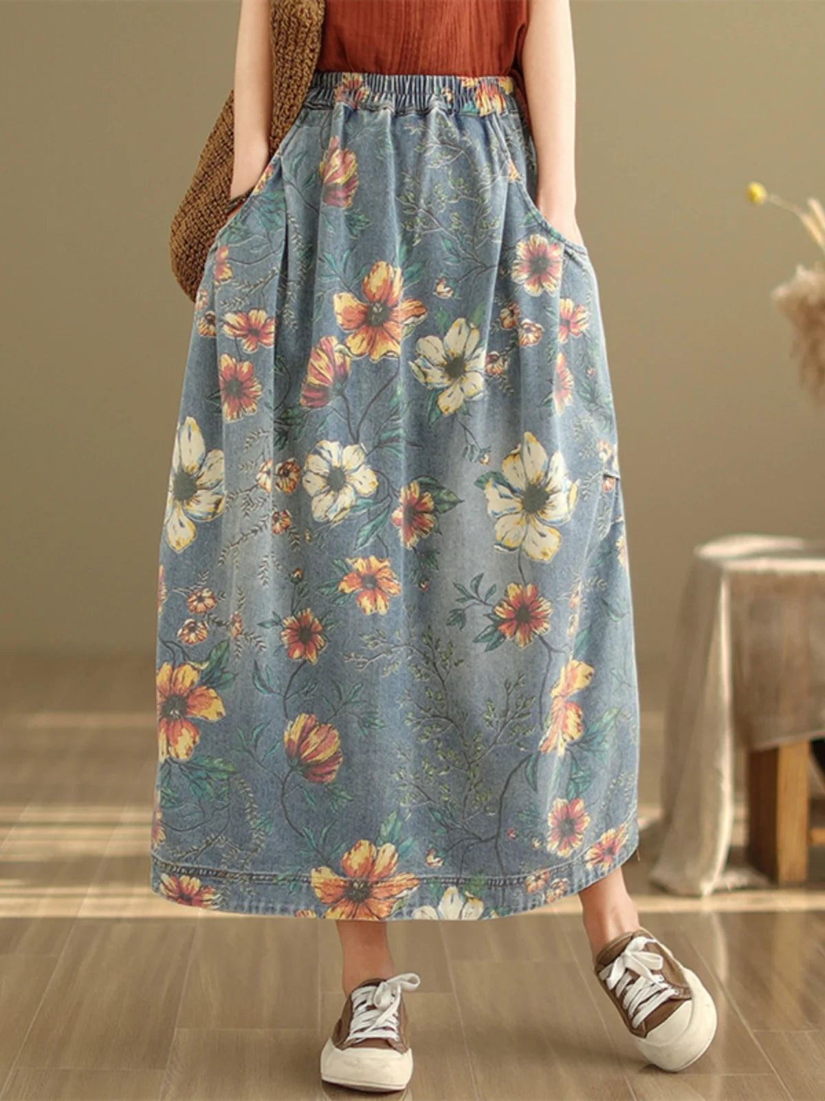Elastic Waist Denim Skirt Women's Spring Summer New Sle Artistic Retro Loose Casual Print Splicing Mid-Length Skirt