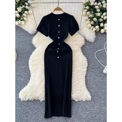 Chic O-neck Elegant Short Sleeve Slim Single Breasted Knit Dress High Street Women Vintage Korean Office Lady Casual Clothing