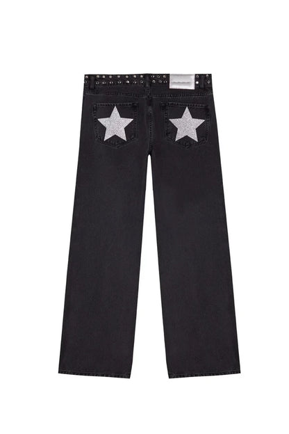 Y2K Vintage Jeans Women High Waisted Denim Pants Five Pointed Star Print Harajuku Street Baggy Casual Straight Leg Trousers