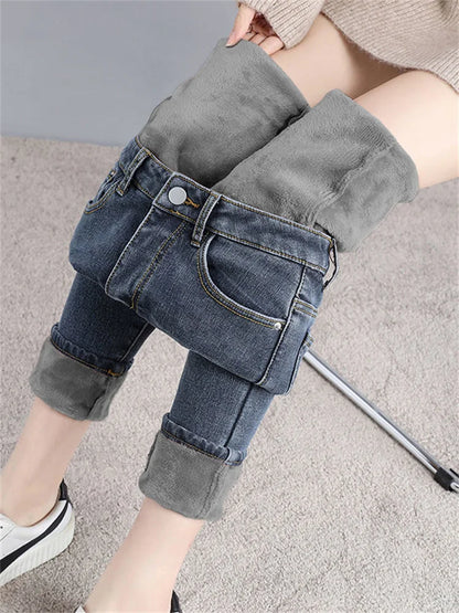 Winter Mid Waist Skinny Warm Jeans Women Plus Velvet Ankle Length Casual Thick Pencil Pants women clothing Fleece Denim Trousers