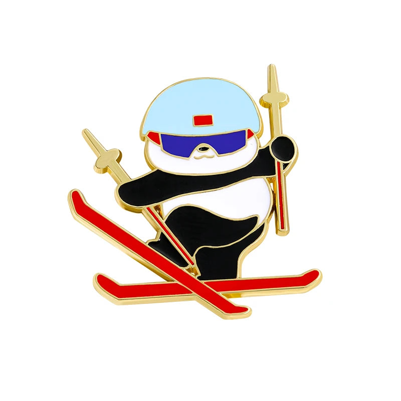 6 Styles Funny Winter Sports Panda Design Enamel Brooches Cartoon Animal Playing Skiing Fancy Speed Skating Curling Golden Pins