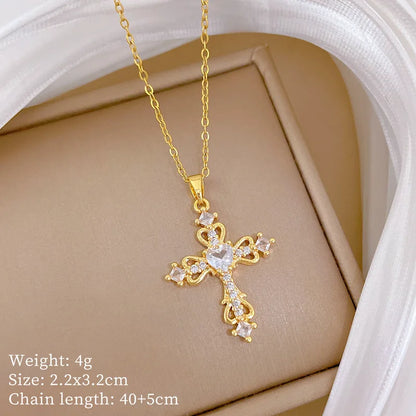Sweet Cool Hollow Cross with Zircon Pendant Necklace for Women Girls Stainless Steel Chain Punk Cross Accessories Jewelry Gifts