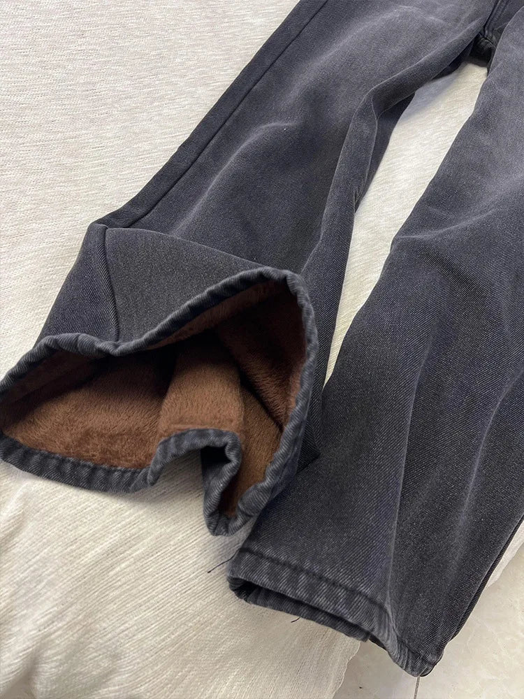 American High Street INS Trendy Wide Leg Jeans for Women Autumn Winter Plus Velvet Thick High Waist Loose Narrow Straight Pants