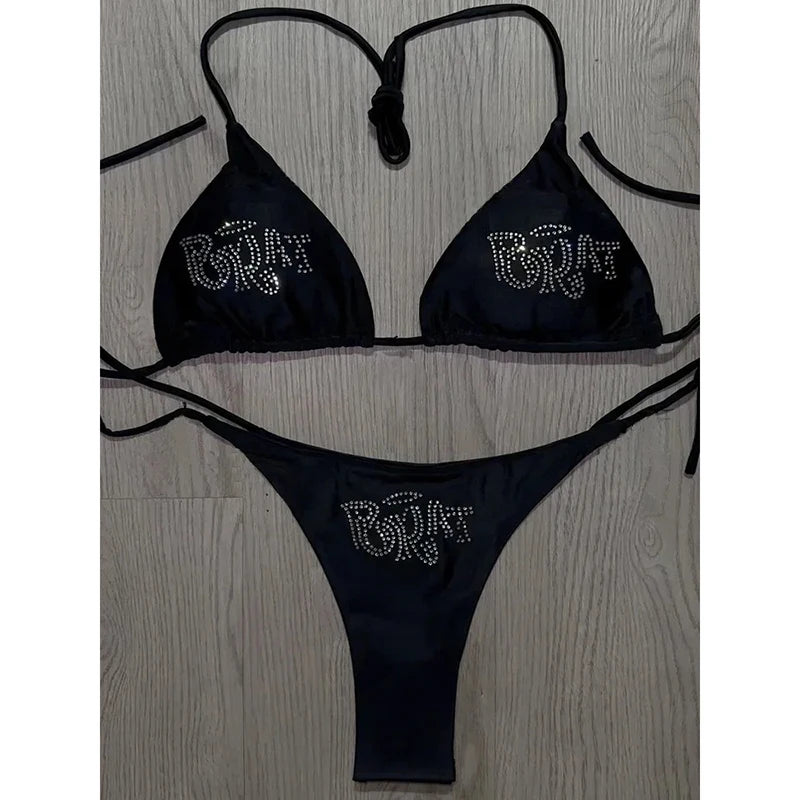 Vintage Spliced Diamond Bikini Set Swimwear Women Sexy Triangle Lace Up Micro Bikini Summer 2025 New Swimsuit Bikini Two Piece