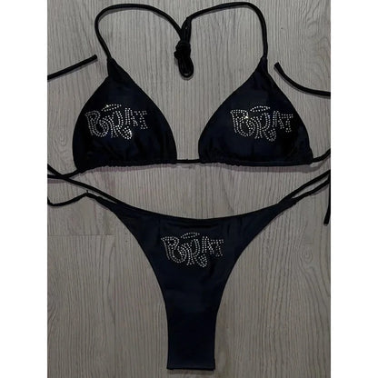 Vintage Spliced Diamond Bikini Set Swimwear Women Sexy Triangle Lace Up Micro Bikini Summer 2025 New Swimsuit Bikini Two Piece
