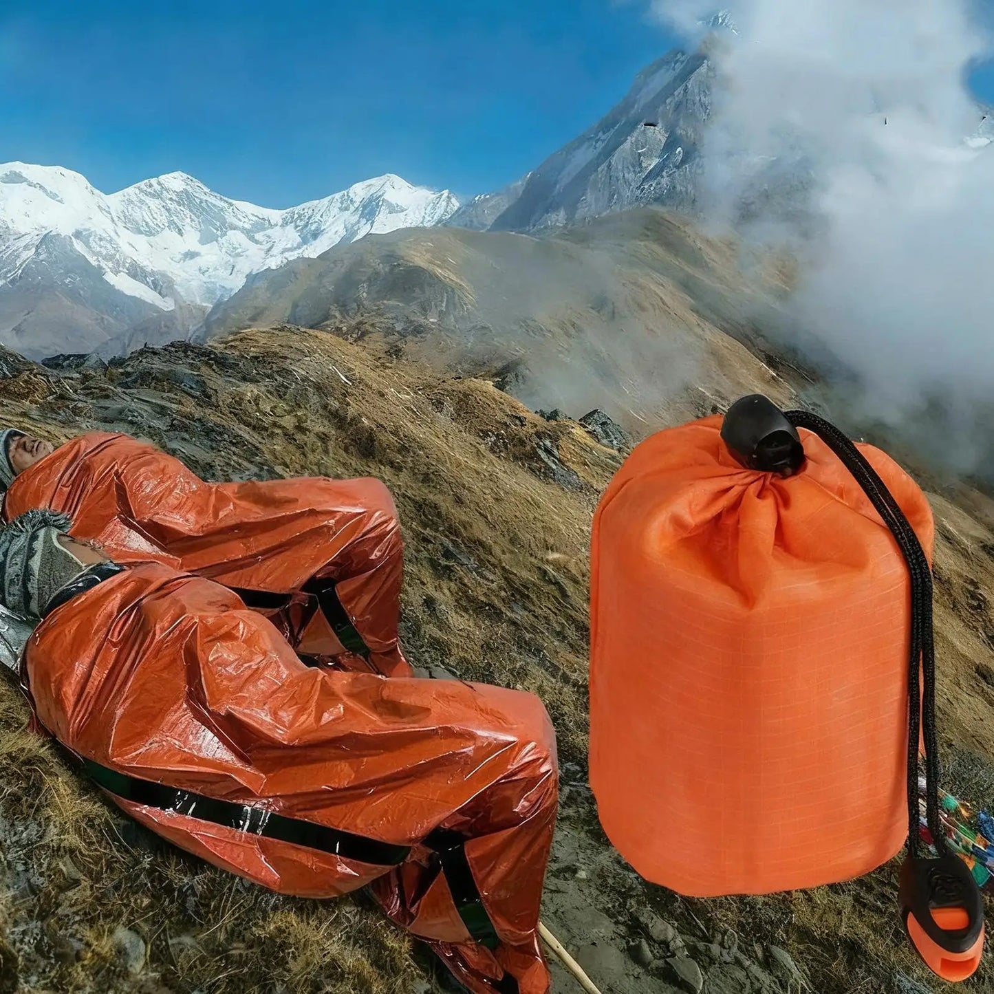Survival Sleeping Bag Compact Ground Mat with Whistle Outdoor Camping Gear Sleeping Bag for Hiking Extreme Weather Fishing