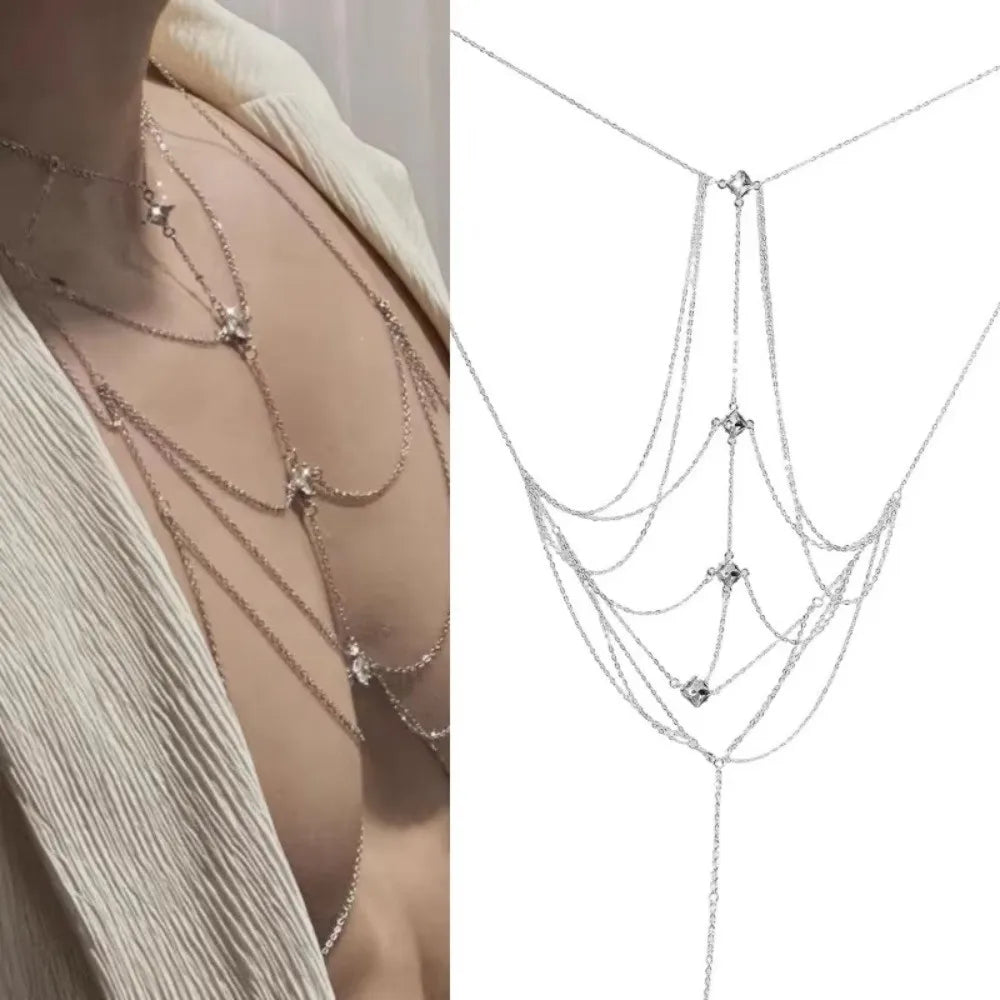 Body Jewelry Glitter Rhinestone Bust Chain Sexy Multilayer Silver Body Chain Trend Luxury Body Chain Jewelry Beach