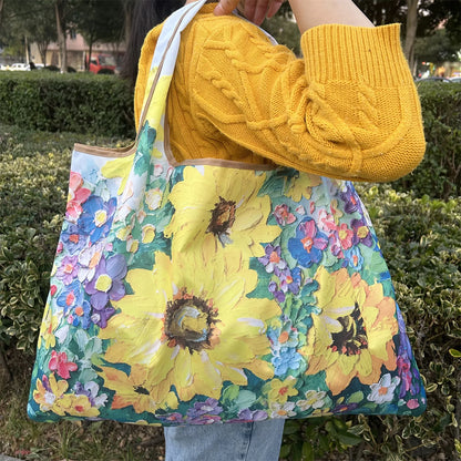 Chic Iris Flower Large Tote Bag Foldaway Convenience Nylon Shopping Bag with Shoulder Strap Lightweight Machine Washable