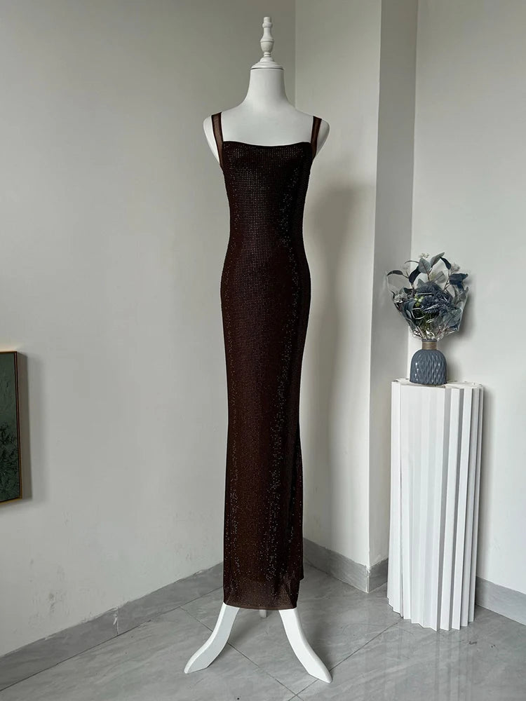 DEAT Fashion Rhinestone Purple Spaghetti Strap Evening Dress Women's Slim Backless Ankle-length Dresses New 7A2294