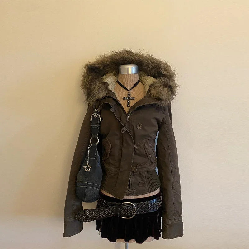 Vintage Popular New Fashion Fur Collar Jacket Female Street Hip Hop Casual Joker Loose Padded Velvet Cotton-padded Jacket Coats