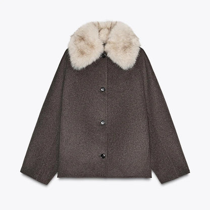 Street Women's Double Breasted Cropped Trench Coat With Faux Fur Collar Loose Full Sleeve Pocket Jacket 2025 Autumn Lady Outwear