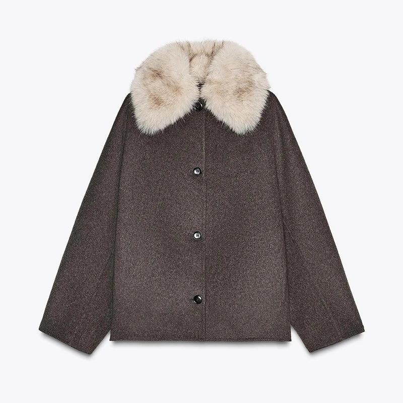 Vintage Women's Cropped Hooded Coats Fur Collar Full Sleeve Single Breasted Pocket Jacket 2025 Autumn Lady Y2K Warm Outwears New