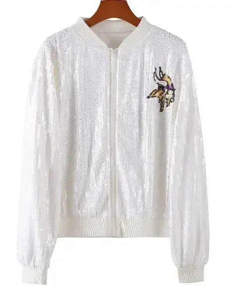 Autumn High Quality Letter Streetwear Sequined Long Sleeve Round Neck Loose Jacket Women Hip Hop Night Club Patchwork Coats