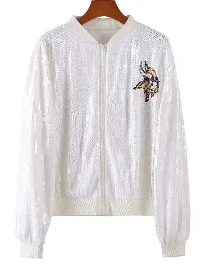 Autumn High Quality Letter Streetwear Sequined Long Sleeve Round Neck Loose Jacket Women Hip Hop Night Club Patchwork Coats