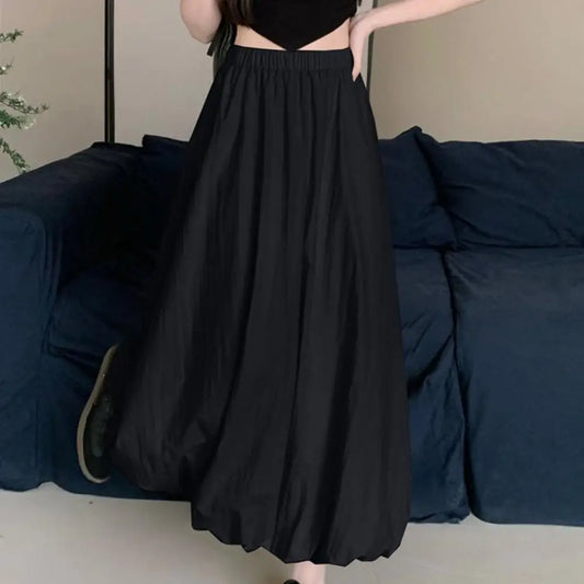 Elasticated Waist Skirt Elastic High Waist Bubble Maxi Skirt with Ankle-length Lantern Design Solid Color A-line for Spring