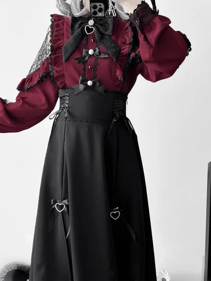 Japanese Lolita Lace Patchwork Skirts Women Summer New Slim High Waist Midi  Black Skirts Gothic Vintage Bandage Skirt Hot Girls