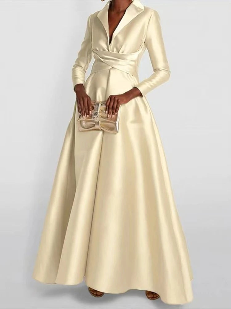 Elegant solid color Long Sleeves Evening Dress Women's Party Gown V-Neck high Waist Maxi Dresses For Wedding Prom 2026 new