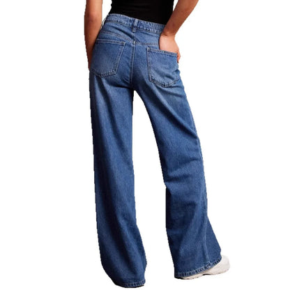 High Waist Wide Leg Denim Jeans Women's Loose Splicing Long Pants Street Style Vintage Washed Loose Jeans Fashionable Women's Cl