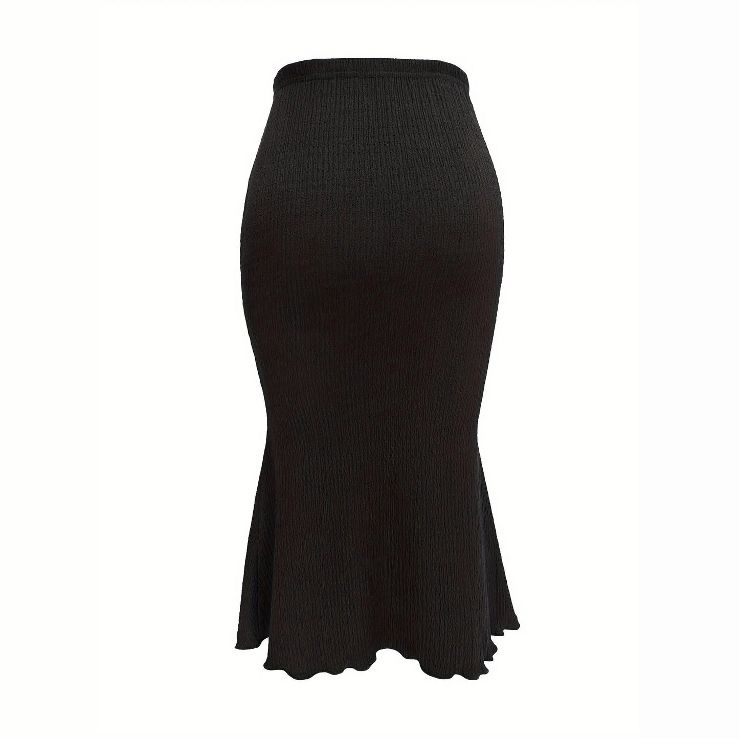 Women Black Smocked Midi Skirt High Waist Scalloped Hem Casual Pleated Skirt Summer Vacation Beach Holiday Outfit