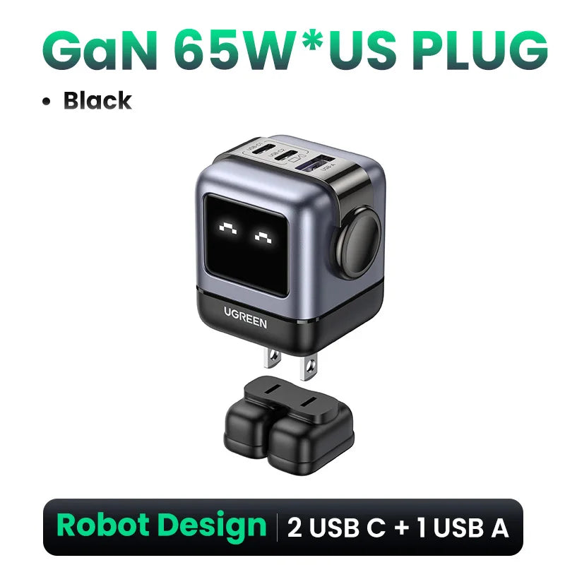 【US-Stecker】UGREEN 65W 30W GaN-Ladegerät im Roboter-Design mit PD3.0-Schnellladefunktion, QC4.0, 3.0 und PPS für iPhone 17, 16, 15 Pro, MacBook, Laptop und Tablet