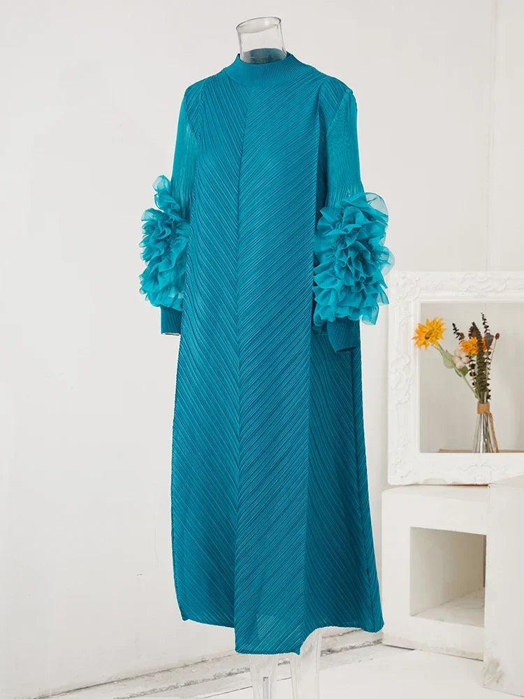 YUDX High Quality Maxi Miyake Pleated Dress Round Neck Spliced Fungus Full Sleeve Dresses For Women 2025 New Spring Clothing