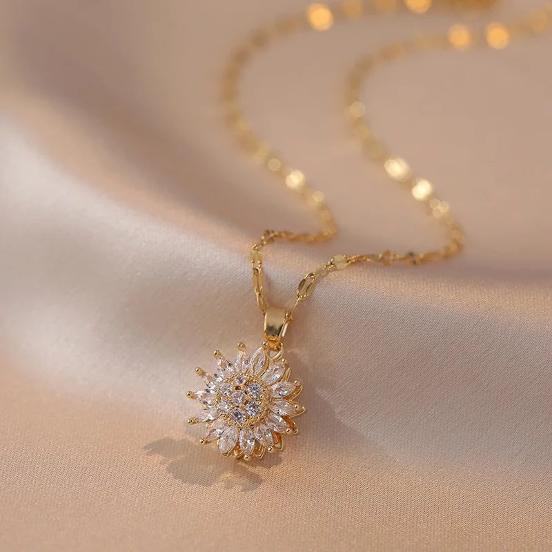 Trendy Rotation Spin Sunflower Stainless Steel Zircon Necklaces For Women Metal Crystal Necklace Party Birthday Gifts Jewelry