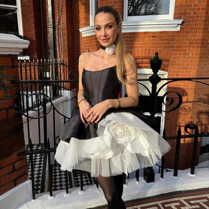 Fashion 2 Colors Short Prom Party Dresses Black White Ruffle Rose Flower Chic Women Formal Occasion Dress Wedding Second Dress