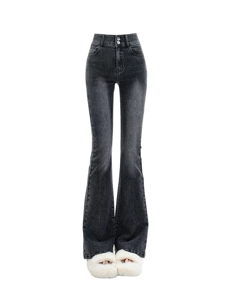 Harajuku Black Flare Jeans Low Waist Slim Bell Bottoms Women Fashion Denim Pant Trousers American Retro High Street Streetwear