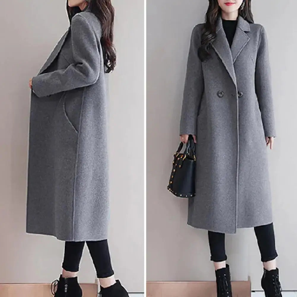 Two Buttons Woolen Coat Stylish Women's Woolen Coat Lapel Long Sleeve Two Buttons Pockets Autumn/winter Mid-length Cardigan