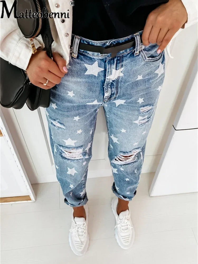 New Autumn Boyfriend Jeans Woman Slim Hole Jeans For Ladies With Five-Pointed Star Ripped Jeans Street Casual Blue Denim Pants