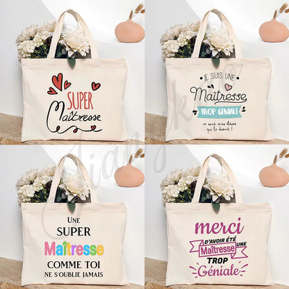 Thank You Teacher French Print Women Shoulder Bag CanvasShopping Bags Female Handbags Reusable Tote Bag Best Gifts for Maitresse
