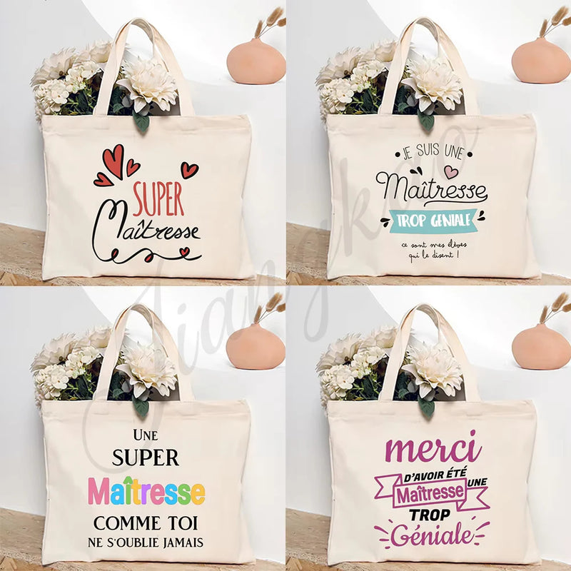Thank You Teacher French Print Women Shoulder Bag CanvasShopping Bags Female Handbags Reusable Tote Bag Best Gifts for Maitresse