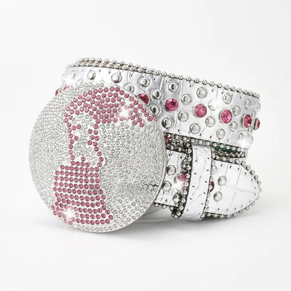 Western Leather belt BlingBling Diamond round buckle water Crystal diamond belt punk style Unisex PU Synthetic belt