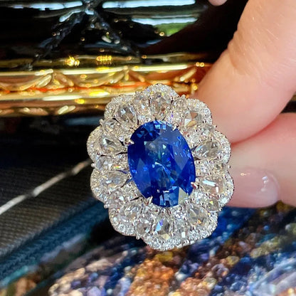 New In silver 925 Full Diamond Luxury Sapphire Ring Necklace Exquisite Engagement Sparkling Blue Flower fine jewelry sets